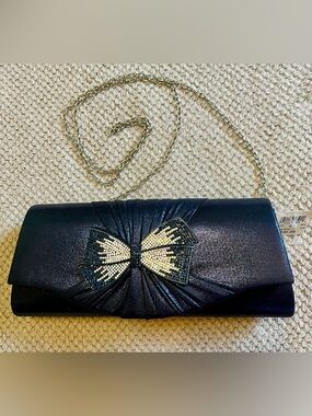 NWT Navy Blue Shimmering Evening Clutch with Rhinestone Bow Detail